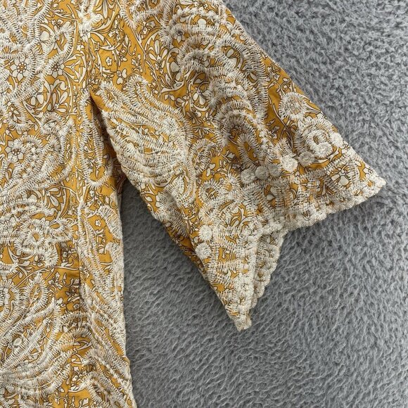 Solitaire BOHO Embroidered Top Womens Large Yellow Scalloped Hem Floral - Picture 3 of 10